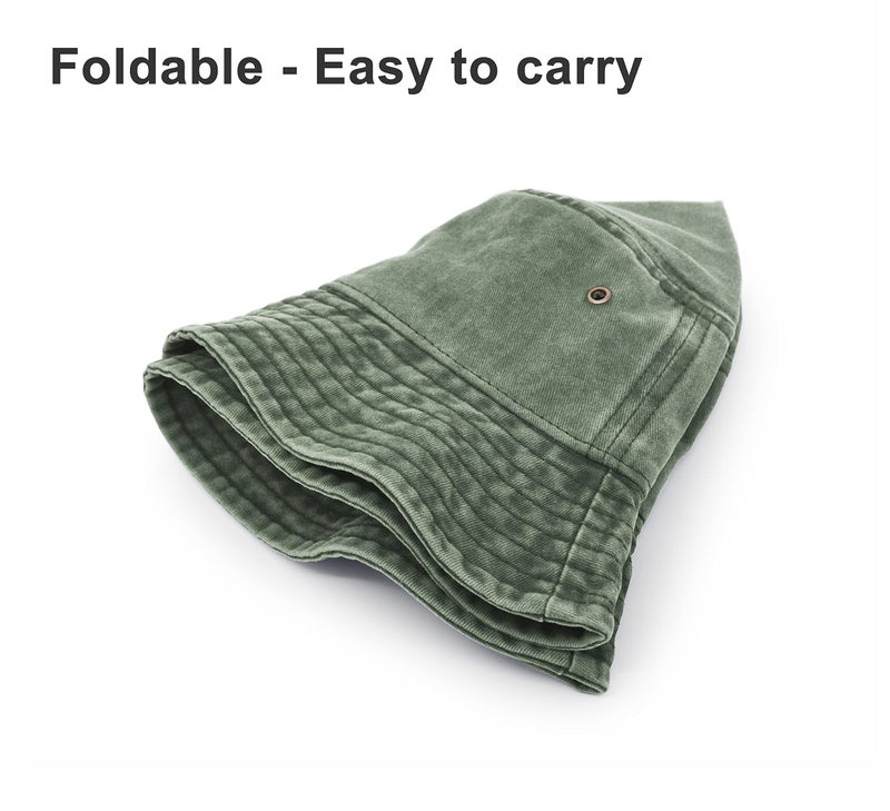 UltraKey Bucket Hat, Wide Brim Washed Denim Cotton Outdoor Sun Hat Flat Top Cap for Fishing Hiking Beach Sports Army Green - Image 4